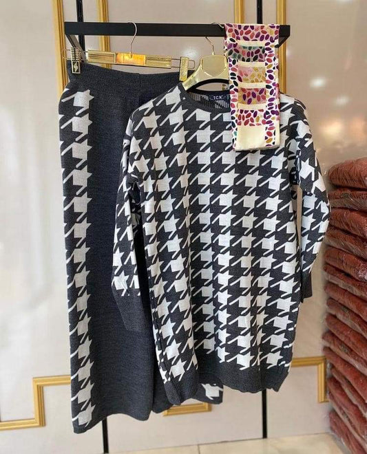 Houndstooth pattern Knit 2pc Co-ord Set