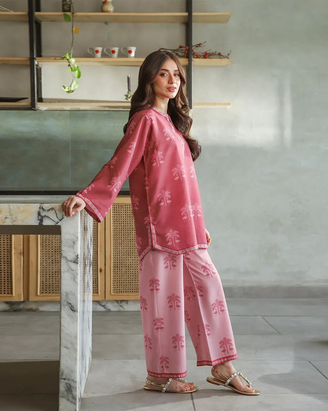 Folk Motif Print Palazzo Suit