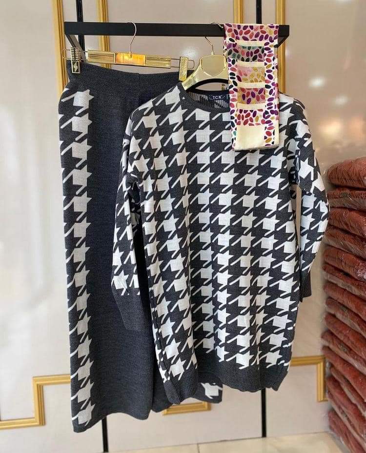 Houndstooth pattern Knit 2pc Co-ord Set